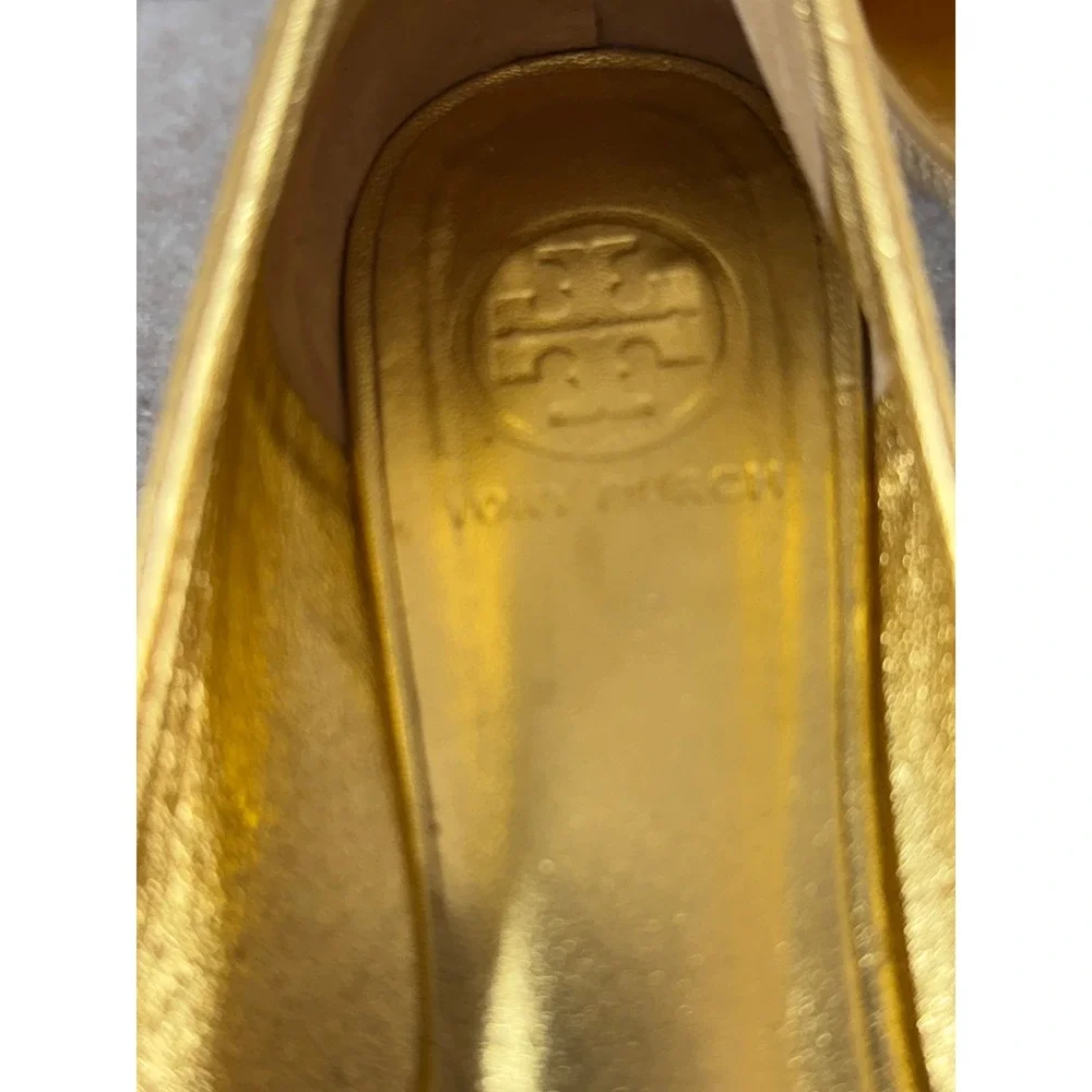 Tory Burch Reva Ballet Flats Womens 7M Gold Woven Raffia Logo Medallion Preppy